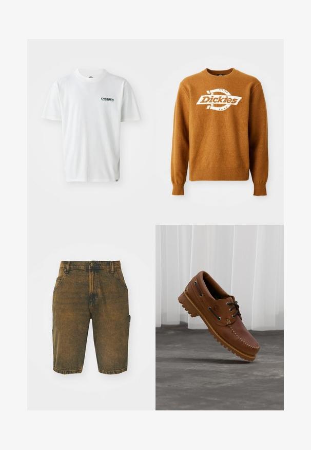 Brauner Strickpullover mit einem weißen "Dickies"-Logo auf der Vorderseite. Klassischer Rundhalsausschnitt und gerippte Bündchen sowie Saum. Weiche Textur.; Weißes Baumwoll-T-Shirt mit kurzen Ärmeln, das auf der linken Brust ein grünes "DICKIES ON THE ROAD AGAIN"-Logo zeigt. Standard Design mit Rundhalsausschnitt.; Jeansshorts in einem verblassten Braunton mit einer leicht abgenutzten Oberfläche. Mit Gürtelschlaufen, Vordertaschen und einer seitlichen Cargo-Tasche.; Brauner Leder-Bootsschuh mit schwarzen Schnürsenkeln, beigen Nähten und einer robusten Sohle, schwebt über einem grauen Betonboden.