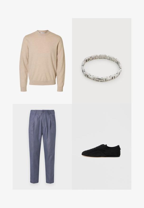Jersey beige de manga larga y cuello redondo, hecho de tela de punto suave, con puños y dobladillo acanalados, diseñado para hombres.; Pantalones tejidos azul con un corte ajustado, que presentan pliegues delanteros, un cierre de botón y una textura suave. Largo recortado con piernas rectas.; Zapatilla deportiva de ante negro de corte bajo con cordones en la parte delantera y suela beige, mostrada desde el lado exterior sobre un fondo gris claro.; Pulsera de metal plateado con segmentos rectangulares enlazados y cierre, colocada sobre una superficie blanca lisa.
