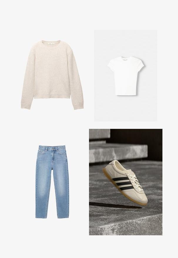 Beige gebreide ronde hals trui met lange mouwen en geribbelde boorden en zoom, plat gelegd op een witte achtergrond.; Witte t-shirt met korte mouwen van zachte katoen, met een ronde halslijn en een getailleerde vorm. Geen zichtbare patronen of versieringen.; Lichtblauwe denim jeans met een rechte snit, vijf zakken en een ritssluiting aan de voorkant. De stof vertoont een lichte vervaging en heeft een gladde textuur.; Witte sneaker met zwarte strepen en rubberen zool zwevend boven betonnen trap in zacht daglicht.