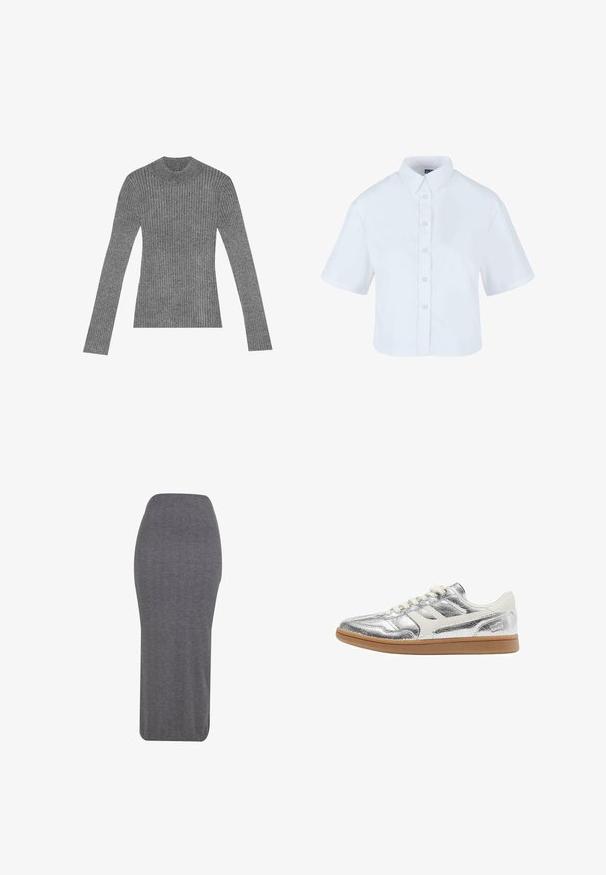 Harmaa ribbattu poolopaita pitkillä hihoilla, valmistettu tekstuuri neulemateriaalista, jossa on istuva design ja minimalistic tyyli.; Valkoinen lyhythihainen nappipaita, jossa on klassinen kaulus ja helmiäisen näköiset napit, valmistettu sileästä kankaasta.; Harmaa kynähame, joka on valmistettu tekstuurikankaasta. Hameessa on kiinteä siluetti, korkea vyötärö ja polvipituinen muotoilu. Pinta on sileä ilman näkyvää yksityiskohtaa.; Matala tennari, jossa metallinhohtoinen hopeanvärinen päällinen, valkoiset nahkaiset yksityiskohdat, kermaan vivahtavat nauhat ja vaaleanruskea kumipohja, esitetty sivukuvasta.