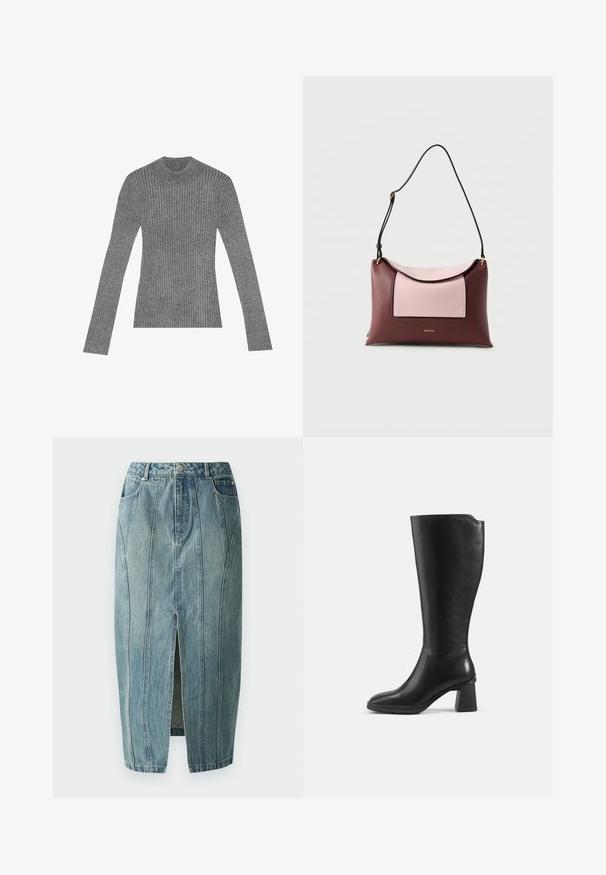 Grå ribbet turtleneck trøje med lange ærmer, lavet af tekstureret strikkemateriale, med en tætsiddende pasform og minimalistisk stil.; Copenhagen Muse JEANNE SKIRT - Denimnederdele - medium dirty washed denim; Sort knæhøj læderstøvle med blokhæl og rundet tå, vist fra siden på en ensfarvet baggrund.; Rektangulær skuldertaske i læder i burgundy med en lys pink frontlomme og justerbar sort rem.