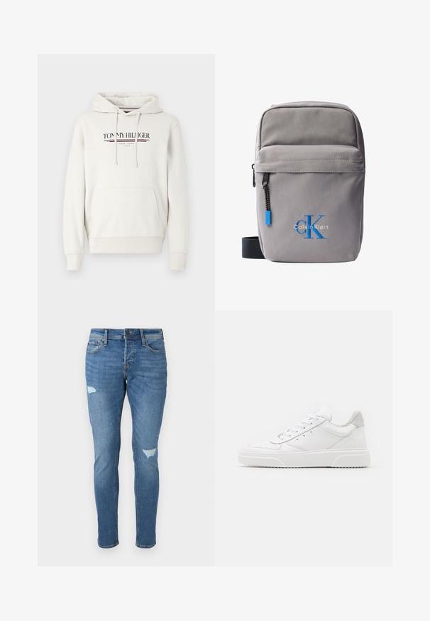 Haut de sweat à capuche gris clair en mélange de coton, présente une poche avant, une capuche avec cordon de serrage réglable et un imprimé logo en marine et bordeaux.; Jean en denim bleu décoloré avec une coupe slim, présentant des zones usées au niveau des genoux, une fermeture à bouton et un design à cinq poches.; Des baskets en cuir blanc avec une finition lisse, un bout rond, des lacets plats et une semelle texturée. Accents en daim gris au niveau du talon.; Petite sacoche Calvin Klein grise avec poche zippée à l'avant, sangle noire et logo "cK" bleu brodé.