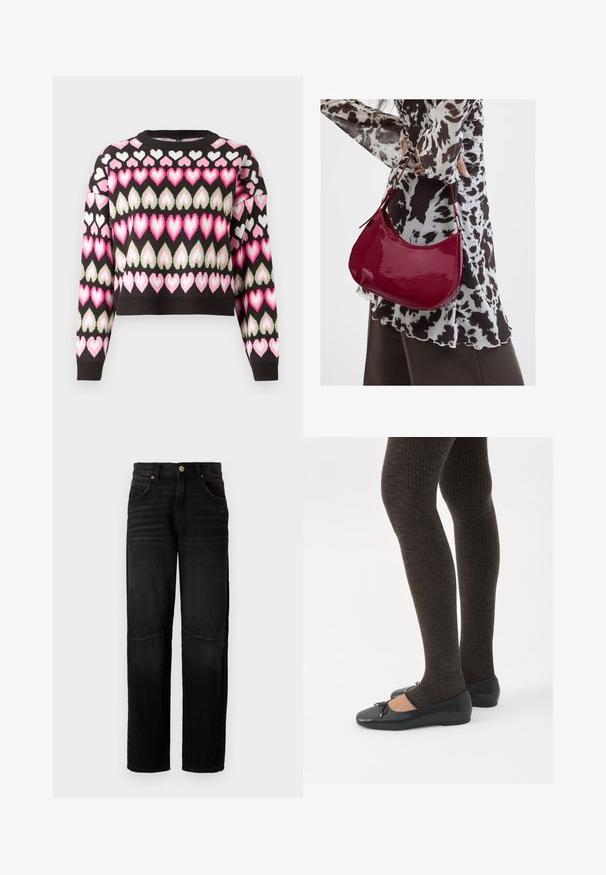 Kort sweater i sort med et farverigt hjerte mønster i pink og grøn. Strikket tekstur og ribbede manchetter. Rund halsudskæring.; Sorte denimjeans med lige ben, fem lommer, knaplukning og subtile falmede detaljer ved lårene og knæene.; Ben iført mørke ribbede leggings kombineret med sorte balletsko med små sløjfedetaljer på hvid baggrund.; Kvinde iført en sort- og hvidmønstret bluse, der holder en blank rød skuldertaske mod en ensfarvet baggrund.