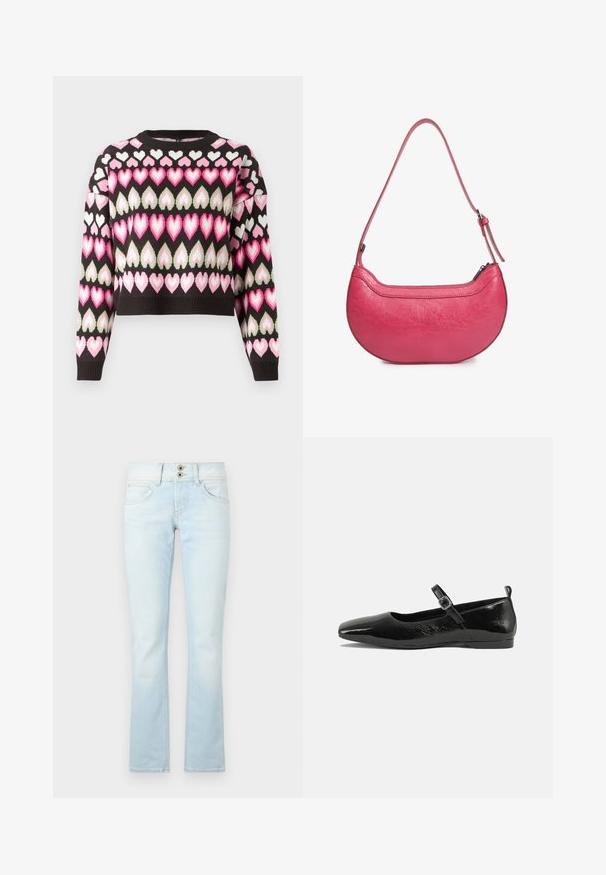 Kort sweater i sort med et farverigt hjerte mønster i pink og grøn. Strikket tekstur og ribbede manchetter. Rund halsudskæring.; Lyseblå flagrende jeans lavet af denim har en to-knaps lukning, fem lommer og diskrete, falmede detaljer gennem hele stoffet.; Sorte patentlæder flade sko med spidse tæer, en ankelrem med spænde og en glat, blank tekstur. Lav hæl for komfort.; Lyserød læderhandbag med en buet form, en enkelt justerbar skulderrem og en top-lynlås. Tekstureret overflade med synlige folder.