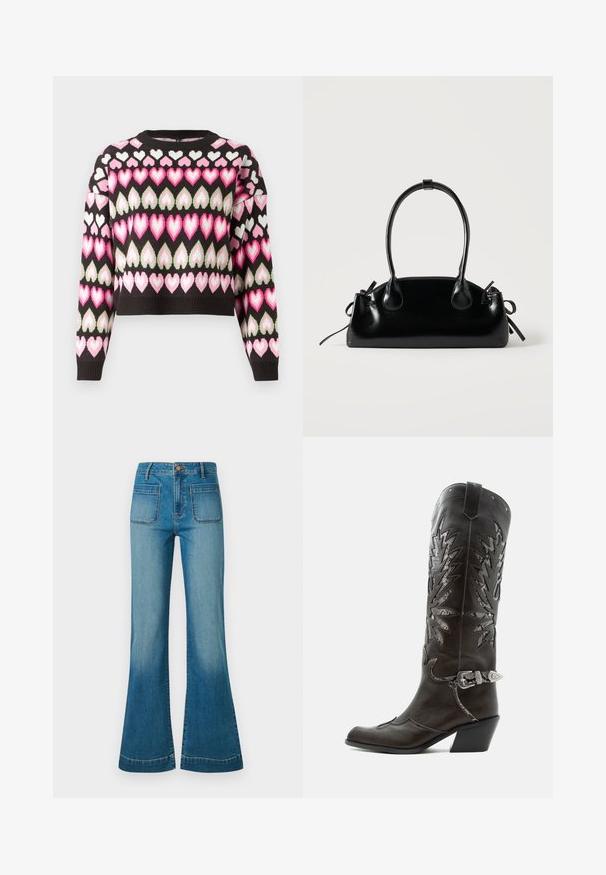 Pull court noir avec un motif de cœurs colorés en rose et vert. Texture tricotée et poignets côtelés. Col rond.; Jean en denim bleu taille haute avec poches plaquées à l'avant et jambes évasées, comportant une fermeture à bouton et à zip.; Botte de cowboy en cuir noir avec découpes décoratives, boucle argentée et talon incliné, présentée sur fond blanc.; Petit sac à main noir brillant avec deux longues anses et des détails à cordon sur les côtés sur un fond clair uni.