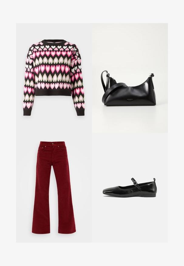 Kort sweater i sort med et farverigt hjerte mønster i pink og grøn. Strikket tekstur og ribbede manchetter. Rund halsudskæring.; Bordeaux farvede fløjl flared jeans med høj talje, fem lommer og knaplukning foran. Blød tekstur med brede ben.; Sorte patentlæder flade sko med spidse tæer, en ankelrem med spænde og en glat, blank tekstur. Lav hæl for komfort.; Sort læderhåndtaske med en glat tekstur. Har en justerbar stropp og et enkelt, minimalistisk design med lynlås.
