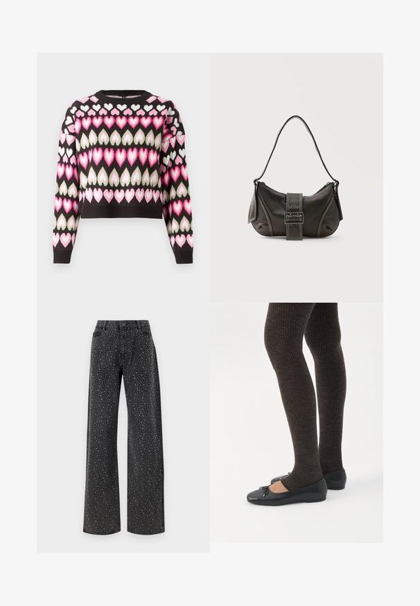 Kort sweater i sort med et farverigt hjerte mønster i pink og grøn. Strikket tekstur og ribbede manchetter. Rund halsudskæring.; Noisy May Rhinestone - Jeans Relaxed Fit - black denim; Ben iført mørke ribbede leggings kombineret med sorte balletsko med små sløjfedetaljer på hvid baggrund.; Sort læder skuldertaske med spænde på remmen, afrundede kanter og kontrasterende hvide syninger på en ensfarvet baggrund.
