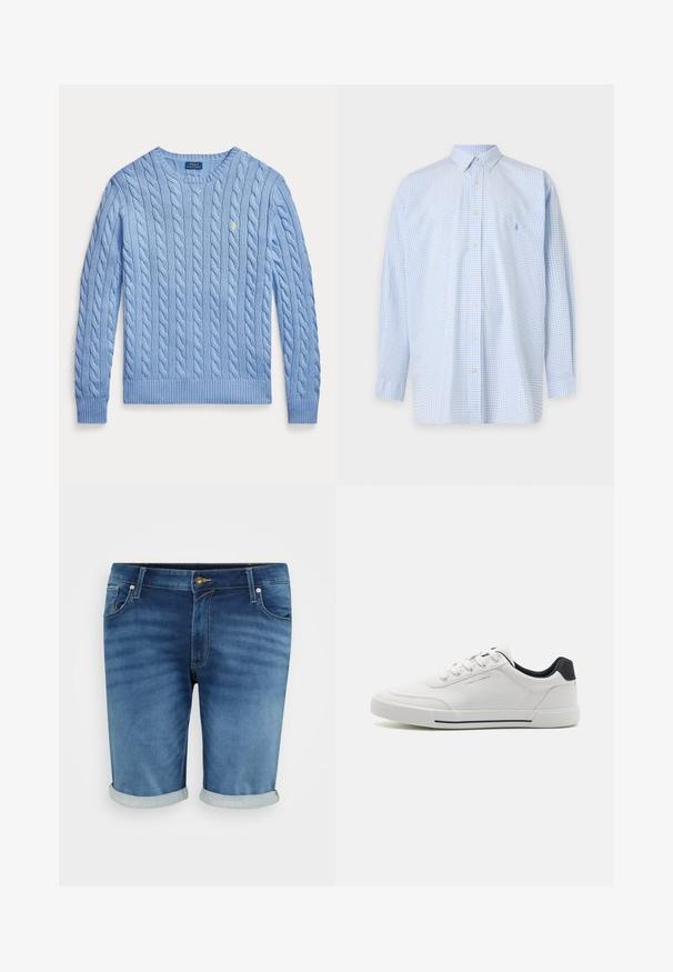 Lyseblå kabelstrikket rundhalset sweater med lange ærmer og lille gul broderet Polo Ralph Lauren-logo på brystet.; Lyseblå langærmet skjorte med småternet mønster og spidst krave på ensfarvet baggrund.; Denim shorts i mellemblå med en let fading, der har knappelukning, fem lommer og opsmøgte kanter for et afslappet look.; Hvide sneakers med en glat syntetisk overdel, rund tå, snørebåndsdesign, marineblå accent på hælen og en tekstureret gummisål med en sort stribe.