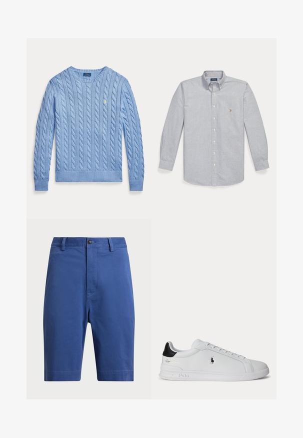 Helehelesinine soonikkoes ümar kaelusega kampsun pikkade varrukatega ja väike kollane brodeeritud Polo Ralph Laureni logo rinnal.; Helehall hall pika varrukaga nööbitav särk kraega ning väikese tikitud logoga vasakul rinnal, esitatud lamedana valgel taustal.; Sinine puuvillane lühike pükste, millel on tasas eesmine osa, ühe nupuga sulgemine ja vöökohad. Sirged sääred, ilma nähtavate mustrite või aksessuaarideta.; Valge madala säärega toss musta kandumärgiga, paelte ja Polo Ralph Laureni logoga küljel, reljeefsete talladetailidega.