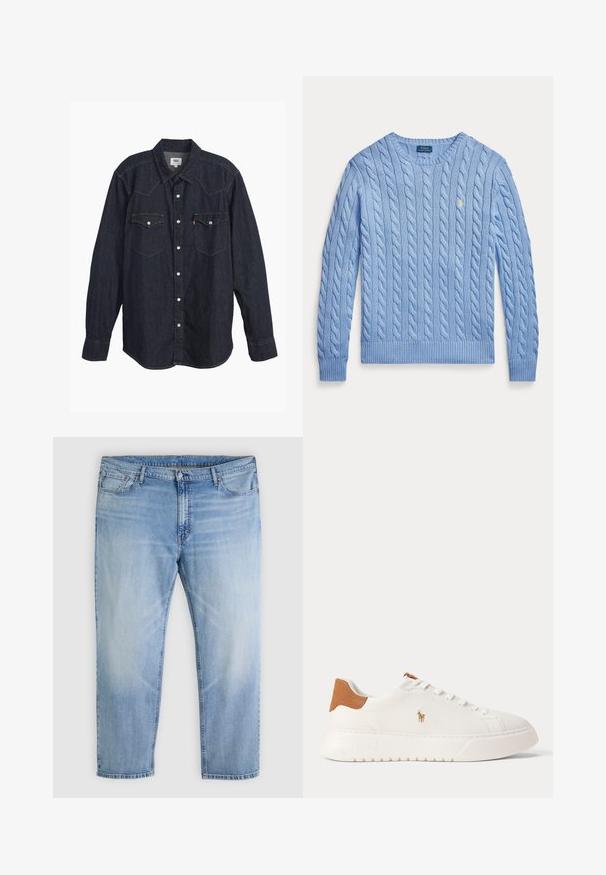 Helehelesinine soonikkoes ümar kaelusega kampsun pikkade varrukatega ja väike kollane brodeeritud Polo Ralph Laureni logo rinnal.; Tume denimis pikkade varrukatega särk terava kraega, kahe rinnataskuga, valgete nuppudega ja kontrastse kollase õmblusega. Sujuv ja vastupidav kangas.; Hele sinise teksapüksid eesnuppude ja tõmblukuga, viie tasku ja sirge säärega lõikega.; Valged madala säärega tossud, pruun kannaosa, valged paelad ja väike tikandiga polo mängija logo külje peal paksu taldmiku kohal.
