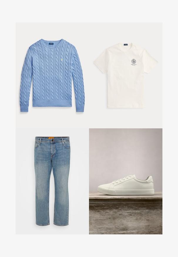 Hellblauer Pullover mit Zopfmuster und Rundhalsausschnitt, langen Ärmeln und kleinem gelbem Polo Ralph Lauren-Logo auf der Brust.; Weißes kurzärmeliges Ralph Lauren T-Shirt mit kleinem dunklem Emblem und "Ralph Lauren New York" Text auf der linken Brust.; Hellblaue Denim-Jeans mit geradem Bein, ausgestattet mit fünf Taschen, einem Knopfverschluss und einem orangefarbigen Markenschild am Bund.; Weiße Schnürsneaker, die über einer Holzbank mit grünem Laub im Hintergrund schweben und das Schuhdesign sowie die Textur zeigen.