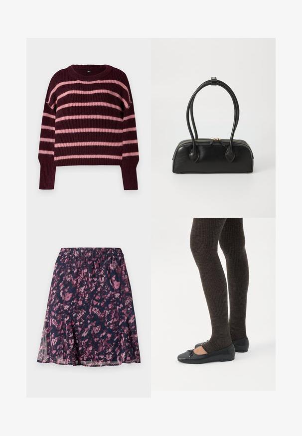 Pull bordeaux avec des rayures roses horizontales. Texture tricotée, col rond et poignets côtelés. Épaules tombantes. Design ample.; Jupe marine avec taille élastique, ornée d'un motif floral abstrait rose et violet et d'un ourlet légèrement évasé.; Jambes portant des leggings côtelés foncés associés à des ballerines noires avec de petits détails en nœud sur fond blanc.; Sac à main en cuir noir avec deux anses allongées, fermeture éclair et forme arrondie ; texture lisse avec une finition légèrement brillante.