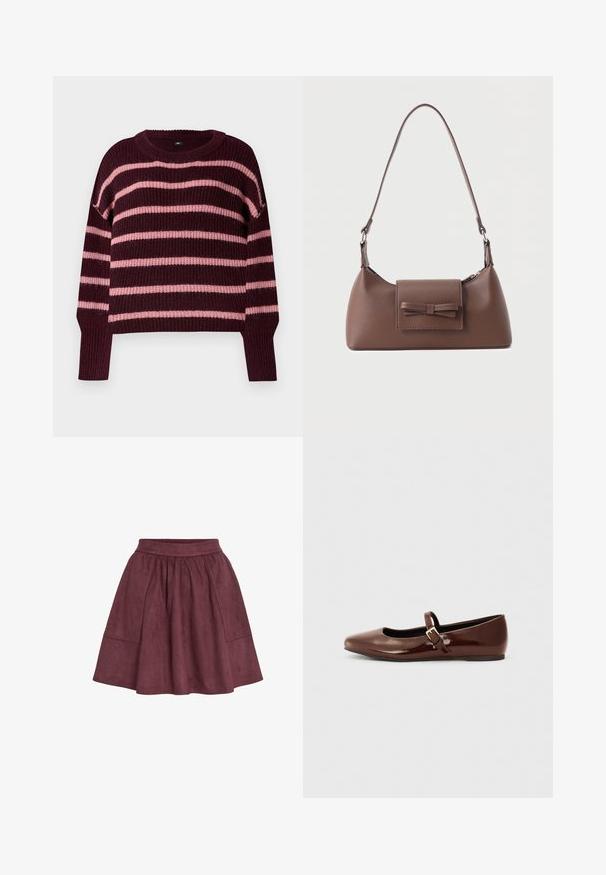 Bordeaux trui met horizontale roze strepen. Gebreide textuur, ronde hals en geribbelde mouwen. Schouder met een drop-shoulder design. Boxy ontwerp.; Bordeaux suède rok met een flared vorm, elastische tailleband en twee zijzakken, met een zachte textuur en minimalistisch ontwerp.; Bruine gepatineerde leren balletschoen met een vierkante neus en een bandje met een kleine gouden gesp. Gladde textuur, lage hak en minimalistisch ontwerp.; Bruine leren schoudertas met een voorvak met klep en een gestikte strikdetail en een verstelbare band.