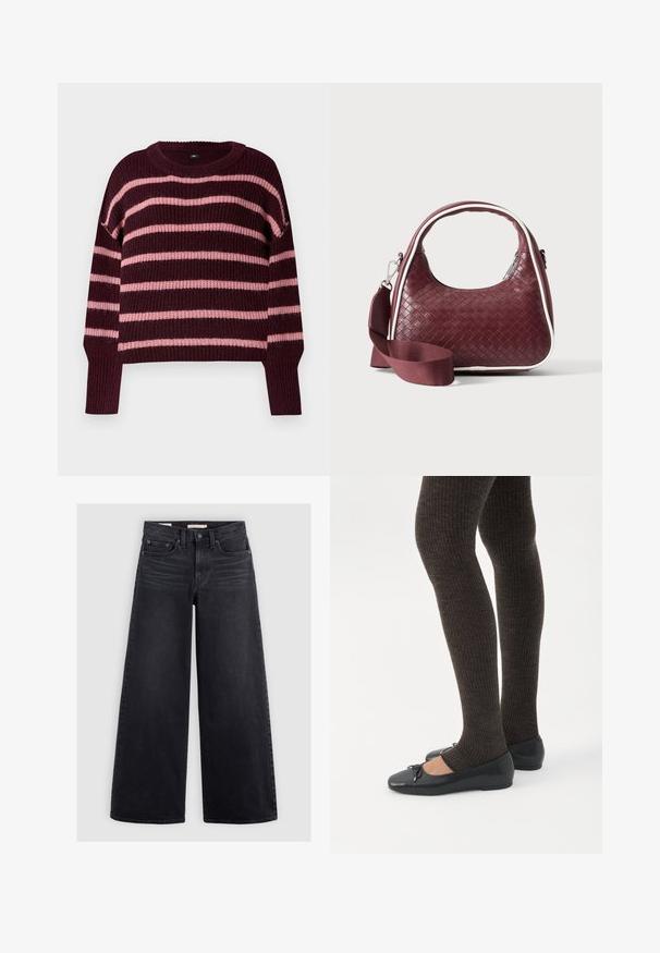 Bordeaux trui met horizontale roze strepen. Gebreide textuur, ronde hals en geribbelde mouwen. Schouder met een drop-shoulder design. Boxy ontwerp.; Zwart denim met wijde pijpen, met een hoge taille, vijf zakken en subtiele vervaging aan de voorkant.; Benen met donkere geribbelde leggings gecombineerd met zwarte ballerina's met kleine strikdetails op een witte achtergrond.; Donkerrode geweven leren handtas met gebogen handvat, witte bies, zilveren rits en afneembare brede stoffen schouderriem tegen een effen achtergrond.