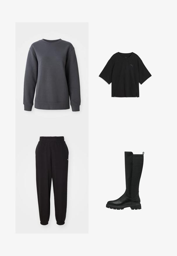 Grijze sweatshirt van textuurstof, met een ronde hals, lange mouwen en ribgebreide manchetten en zoom, met een relaxte pasvorm.; Zwart Puma T-shirt met korte mouwen, ronde hals, losse pasvorm, subtiele zijsplitten en klein Puma-logo op de linkerborst.; Zwarte sweatpants van zachte stof, met een geribde tailleband en verjongde enkels. Inclusief een klein logoaccent aan de zijkant.; Zwarte hoge laarzen tot de knie met een gladleren voorkant en een getextureerd meshpaneel aan de achterkant, voorzien van een rubberen zool en een trek lus voor gemakkelijke aan- en uittrekking.