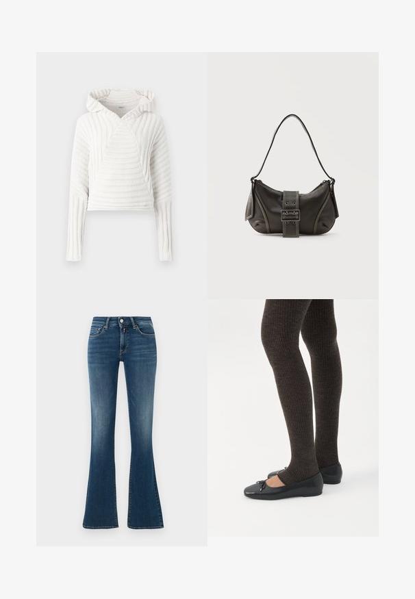 Pull à capuche en tricot blanc avec des manches longues et un motif côtelé, légèrement replié au niveau des poignets, présenté sur un fond uni.; Jean bleu en denim à taille haute avec légères décolorations, poches avant, bouton, fermeture éclair et jambes évasées sur un fond clair uni.; Jambes portant des leggings côtelés foncés associés à des ballerines noires avec de petits détails en nœud sur fond blanc.; Sac à épaule en cuir noir avec une sangle à boucle, des bords arrondis et des coutures blanches contrastées sur un fond uni.