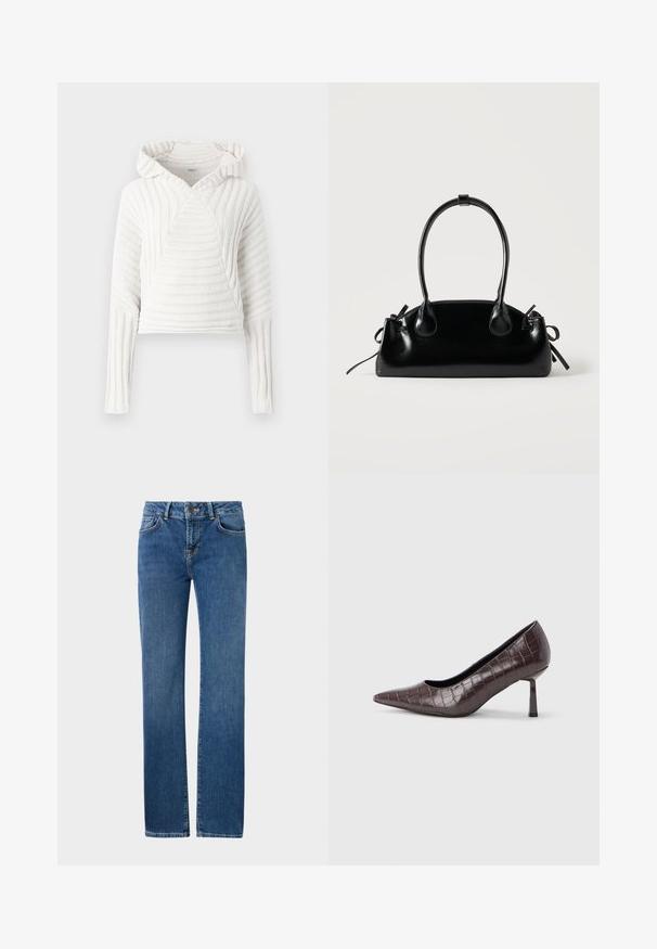 Pull à capuche en tricot blanc avec des manches longues et un motif côtelé, légèrement replié au niveau des poignets, présenté sur un fond uni.; Jeans en denim bleu à coupe droite. Les caractéristiques incluent une fermeture à bouton, des passants de ceinture et des poches avant. Légère décoloration sur les cuisses.; Escarpins à bout pointu en similicuir marron avec une texture crocodile, dotés d’un talon fin et angulaire ainsi que d’une doublure intérieure lisse.; Petit sac à main noir brillant avec deux longues anses et des détails à cordon sur les côtés sur un fond clair uni.