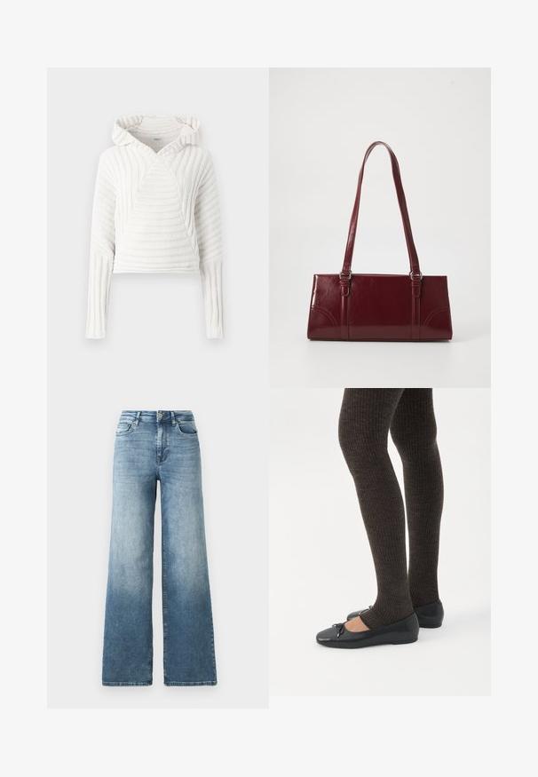 Pull à capuche en tricot blanc avec des manches longues et un motif côtelé, légèrement replié au niveau des poignets, présenté sur un fond uni.; Jean en denim à jambes larges dans un délavage bleu clair, avec une taille haute, un design à cinq poches et un léger dégradé sur le tissu. Fermeture classique à bouton en métal.; Jambes portant des leggings côtelés foncés associés à des ballerines noires avec de petits détails en nœud sur fond blanc.; Sac à main bordeaux en matériau brillant, de forme rectangulaire, avec deux anses et des accents légèrement courbés à l'avant.