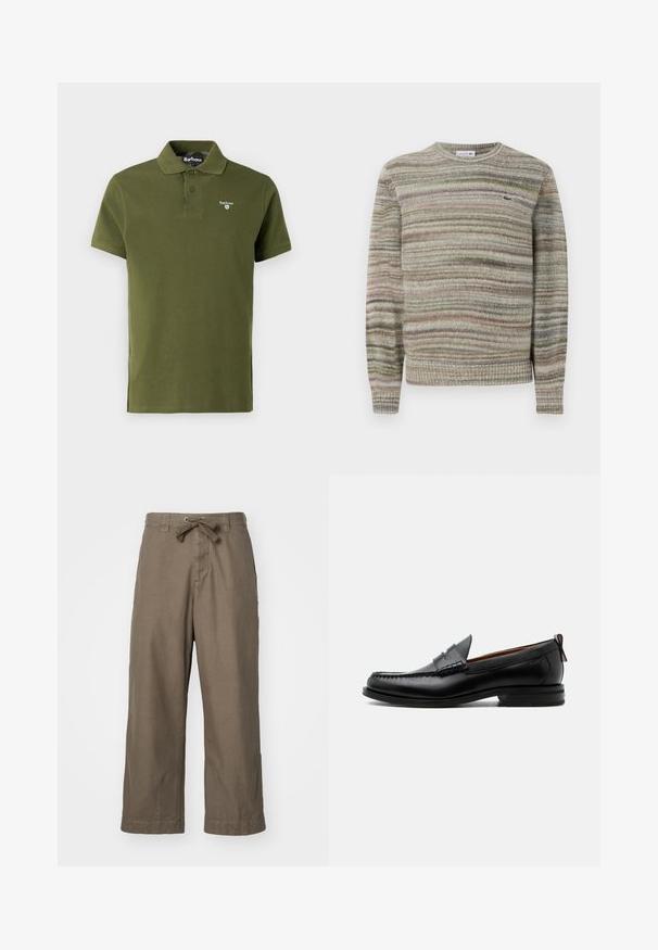 Gestreepte trui in grijstinten, groen en roze. Ontworpen met een ronde hals, lange mouwen en een gebreide stof met textuur. Bevat een klein logo.; Olijfgroene polo shirt van katoen, met een klassieke kraag, twee knopen, korte mouwen en een klein geborduurd logo op de borst.; Wijde broek in olijfgroene stof, met een trekkoord in de taille, zijzakken en een rechte snit met lichte zijsplitten.; Zwarte leren herensloffen met moc toe stiksel, pennyriem, gestructureerde kraag en lage gestapelde hak op witte achtergrond.