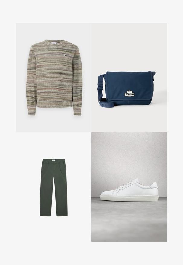 Suéter a rayas en tonos de gris, verde y rosa. Diseñado con cuello redondo, mangas largas y un tejido de punto texturizado. Presenta un pequeño logo.; Pantalones de algodón verde oscuro con un diseño de pierna recta, bolsillos frontales y cierre de botón en la cintura. Textura suave, sin patrones.; Zapatilla blanca con parte superior de cuero liso y perfil bajo. Presenta una puntera redondeada, seis ojales y una suela de goma texturizada.; Bolso bandolera Lacoste azul marino con correa ajustable y parche con logotipo en la solapa frontal, sobre un fondo claro y liso.