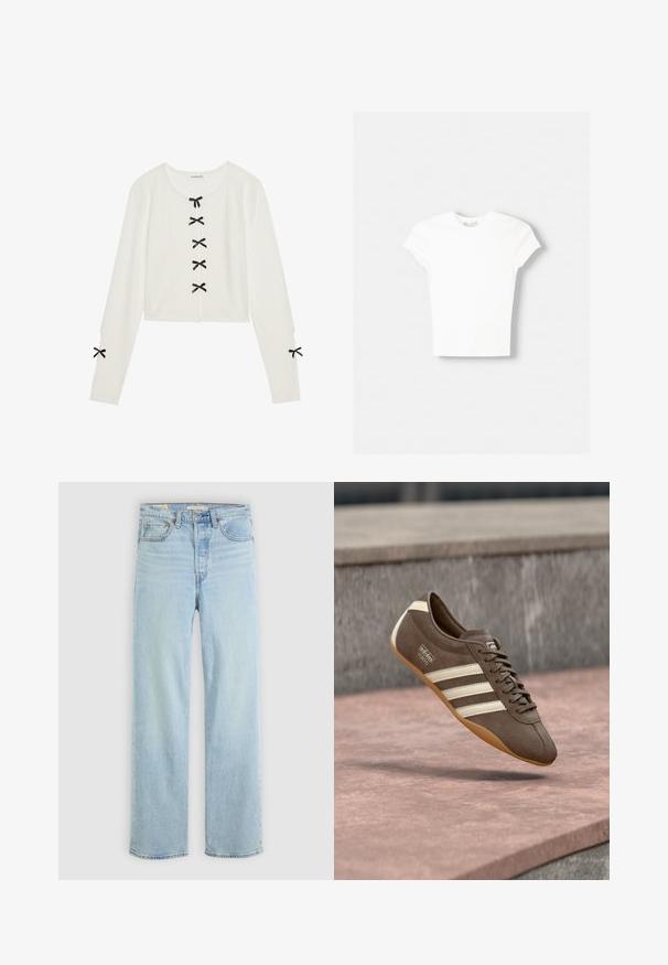 Even&Odd by Zalando Strickpullover - off-white; Weißes kurzärmliges T-Shirt aus weicher Baumwolle, mit Rundhalsausschnitt und figurbetonter Form. Keine sichtbaren Muster oder Verzierungen.; Hellblaue Jeans aus Denim mit geradem Bein, ausgestattet mit fünf Taschen, einem klassischen Reißverschluss und sichtbaren Nähthighlights.; Brauner Wildledersneaker mit weißen Streifen und Branding, ausgestattet mit einer abgerundeten Zehenpartie und einer Gummisohle, schwebt über einer strukturierten Oberfläche.