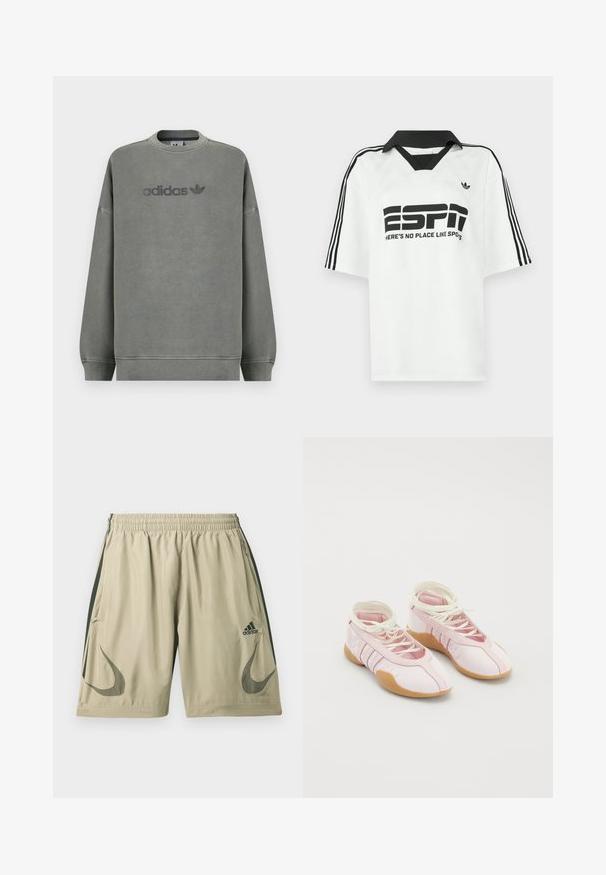 Grå sweatshirt lavet af blødt stof, med ribkanter ved ærmerne, rund hals og printet Adidas-logo i en mørkere nuance på forsiden.; Hvid skjorte med korte ærmer med en sort krave, tre sorte striber på ærmerne og fed sort tekst, der lyder "ESPN" og "HER ER INGEN STED SOM SPOTS."; Lysebeige atletikshorts lavet af letvægtsstof, med mørkegrønne stripes langs siderne, elastisk taljebånd og logo-accenter.; Lyserøde lærredssko med en blød overflade, der har snørebåndsdesign og en gummisål. Dekorative detaljer og tre striber på siden.