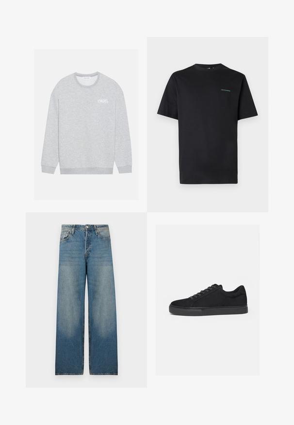 Grå sweatshirt lavet af letvægtigt stof, med rund halsudskæring, lange ærmer og "PADEL" logo trykt i hvidt på brystet.; Sort t-shirt med korte ærmer og rund hals med lille grøn "CREATIVEWORKERS" tekst på venstre bryst, ensfarvet design, på en lys grå baggrund.; Lyseblå bredbenede jeans i denimstof med høj talje, fem-lomme design og slidte områder for et vintage look.; Sort lavtop sneaker med snørelukning foran og flad gummisål, vist fra siden på en hvid baggrund.