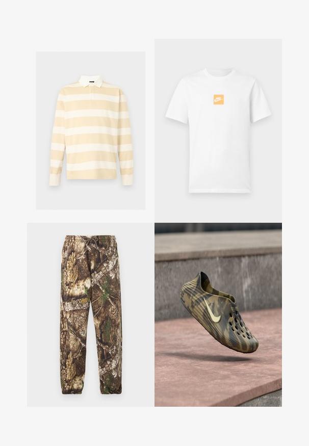 Langærmet rugbytrøje med vandrette beige og hvide striber, hvid krave og knapstolpe på ensfarvet baggrund.; Hvid kortærmet bomuldst-shirt med lille orange firkant på brystet, der har hvidt Nike-logo og swoosh.; Camo sweatpants med et brunt og grønt naturligt mønster, der har en elastisk talje med snore og elastiske manchetter ved anklerne.; Brun og sort camouflage-mønster slip-on sko med huller på toppen og et stort lysfarvet Nike swoosh-logo, der svæver over en befæstet overflade.