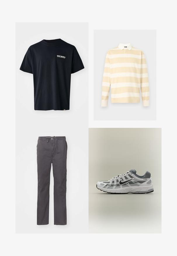 Camiseta de rugby de manga larga con rayas horizontales beige y blancas, cuello blanco y tapeta de botones sobre fondo liso.; Camiseta negra de manga corta hecha de algodón, con un logo gráfico de texto blanco en el lado izquierdo del pecho, corte recto y una etiqueta en el lateral.; Pantalones grises, ligeros, con un corte relajado, cintura elástica con cordón, bolsillos laterales y una textura suave y lisa.; Zapatilla Nike P-6000 blanca y gris con swoosh negro, paneles de malla y suela texturizada, mostrada de perfil sobre un fondo neutro.