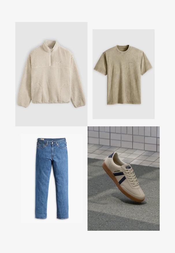Beige fleecepullover med lynlåslukning ved kraven, tekstureret overflade, forlommer og en vandret søm tværs over brystet.; Lysbrun, kortærmet t-shirt med rund hals, lavet af blødt stof. Har et lille, broderet logo på brystet.; Blå denimjeans med lige ben, kobbernitter og fem-lomme design. Har en syet kant og et klassisk taljebånd med bæltestropper.; Beige sneaker med struktureret overflade, marineblå striber og gummisål. Har en polstret tunge og traditionelt snørresystem for en sikker pasform.