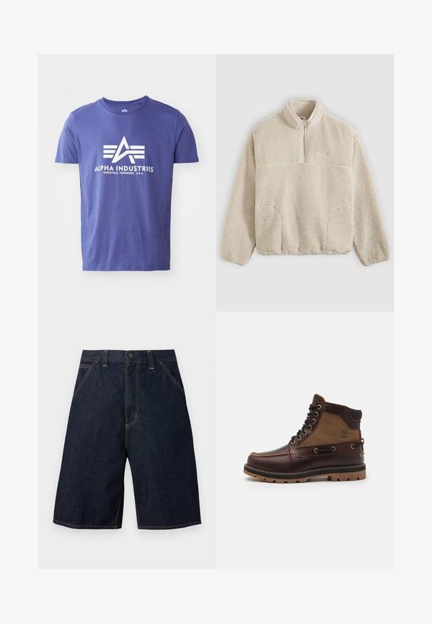 Beiger Fleece-Pullover mit einem Reißverschluss am Kragen, strukturierter Oberfläche, Fronttaschen und einer horizontalen Naht über der Brust.; Lila Baumwoll-T-Shirt mit kurzen Ärmeln, das ein weißes Logo mit "ALPHA INDUSTRIES" und einem geometrischen Design zeigt.; Dunkelblaue Jeansshorts mit Fronttaschen, Gürtelschlaufen und Knopfverschluss in der Taille.; Braune Lederstiefel mit einem beige Stoffeinsatz, runder Zehenpartie, Metallösen, schwarzer Gummisohle und Nähdetails. Mit erhabenem Logo an der Seite.