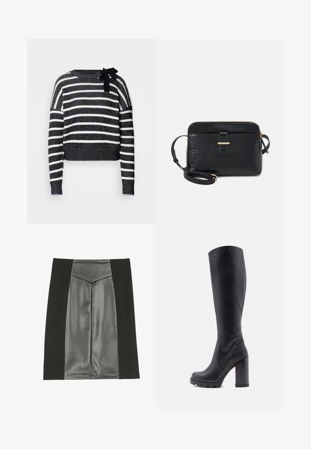 Scotch & Soda STRIPE TIE NECK - Pullover - sky captain; Anna Field Jupe trapèze - black; Botte noire montante, en cuir lisse, avec un talon épais, un bout rond, une semelle texturée avec adhérence, au design élégant sans embellissements.; Sac en cuir noir avec motif crocodile et accents en métal doré. Doté d'une fermeture éclair sur le dessus et d'une bandoulière amovible.
