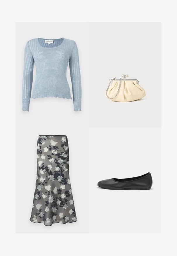 Pull léger en maille bleu clair à manches longues avec motif floral, texture côtelée, ourlet festonné et encolure ronde. Le matériau semble doux et léger.; Jupe midi grise avec imprimé floral en noir, blanc et gris et légère évasement à l'ourlet.; Ballerines en cuir noir avec un bout rond, texture lisse, détails de couture minimalistes et design de semelle flexible.; Pochette en cuir beige plissé avec un cadre en métal argenté, dotée de deux fermoirs ronds décoratifs et d'une chaîne en argent.