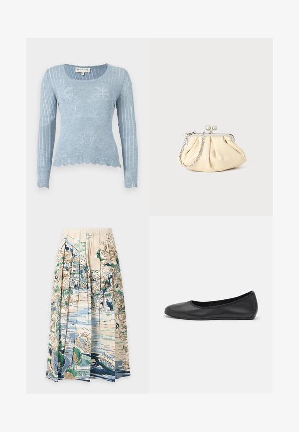 Light blue knitted long-sleeve sweater with floral pattern, ribbed texture, scalloped hem, and crew neckline. Material appears soft and lightweight.; Pleated skirt with an elastic waistband featuring a scenic print of trees, buildings, a river, and a small boat in blue, green, and beige tones.; Black leather ballet flat with a rounded toe, smooth texture, minimal stitching detail, and a flexible sole design.; Pleated beige leather clutch with a silver metal frame, featuring two round decorative clasps and a silver chain strap.