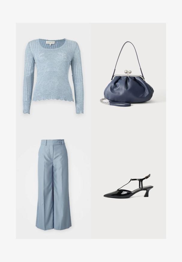 Pull léger en maille bleu clair à manches longues avec motif floral, texture côtelée, ourlet festonné et encolure ronde. Le matériau semble doux et léger.; Pantalons larges bleu clair en tissu lisse avec une taille haute, deux boutons à l'avant et des coutures repassées pour un look sophistiqué.; Chaussure slingback en cuir verni noir à bout pointu avec bride en T et petit talon bloc incliné sur fond blanc.; Sac à main en cuir bleu marine doux avec fermeture à boucle argentée, une seule bandoulière, et une chaîne de poignet amovible sur fond blanc.
