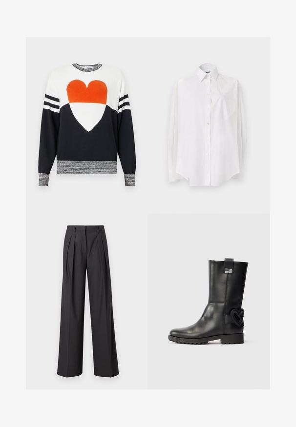 Hvid og sort langærmet sweater med orange og hvid hjertegrafik foran, stribede ærmer og marmorerede manchetter og kant.; Hvid langærmet skjorte i letvævet stof med klassisk krave, knaplukning og hjerteformet lomme på venstre side.; Bredde ben bukser i mørkegrå stof, med frontfolder, en glat tekstur, en mellemhøj talje og bæltestropper.; Sort læderstøvle til midt på læggen med kraftig sål, "Love Moschino"-label nær toppen, og hjerteformet udsmykning på ydersiden nær hælen.