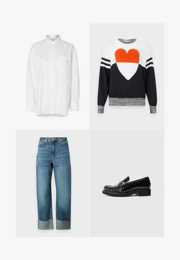 Hvid og sort langærmet sweater med orange og hvid hjertegrafik foran, stribede ærmer og marmorerede manchetter og kant.; Hvid langærmet skjorte med knapper, spids krave og brystlomme, vist mod en ensfarvet baggrund.; Lyseblå denimjeans med en løs, lige pasform. Har en frynset kant og kontrasterende manchet detalje. Fem-lommer design med knaplukning.; Sorte patentlæderloafer med en dekorativ rynket kant, flad gummisål og en lille metallogoaccent på remmen.