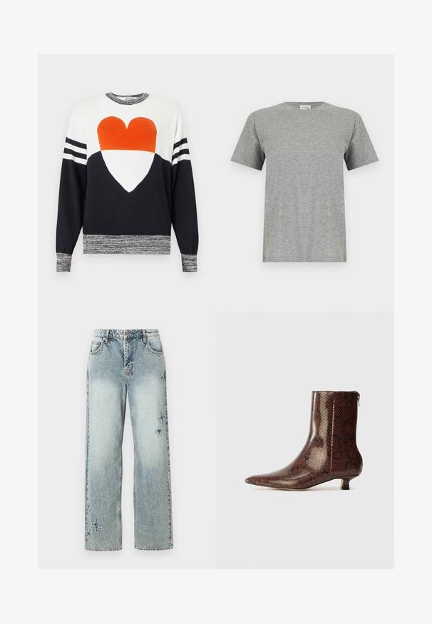 Hvid og sort langærmet sweater med orange og hvid hjertegrafik foran, stribede ærmer og marmorerede manchetter og kant.; Almindelig grå kortærmet bomuld T-shirt med rund halsudskæring og en lille hvid label inde i kraven med teksten "CLOSED".; Lyseblå denim jeans med lige ben-design, der har synlige stikninger og dekorative kryds mønstre foran.; Brun, slangemønstret ankelstøvle med spids tå, lav kitten hæl og lynlås bagpå, lavet af blankt syntetisk materiale.