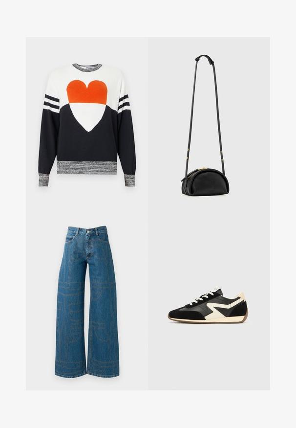 Suéter de manga larga blanco y negro con un gráfico de corazón naranja y blanco en el frente, mangas a rayas y puños y dobladillo jaspeados.; Vaqueros de pierna ancha en denim azul medio con patrones de costura en contraste y múltiples diseños de bolsillos. Cintura alta con cierre de botón.; Zapatillas deportivas en negro y crema con parte superior de ante y cuero, cierre de cordones y suela de goma. El diseño incluye detalles laterales en contraste.; Bolso bandolera de cuero negro con forma redondeada, cremallera dorada y correa ajustable con detalles de botones dorados.