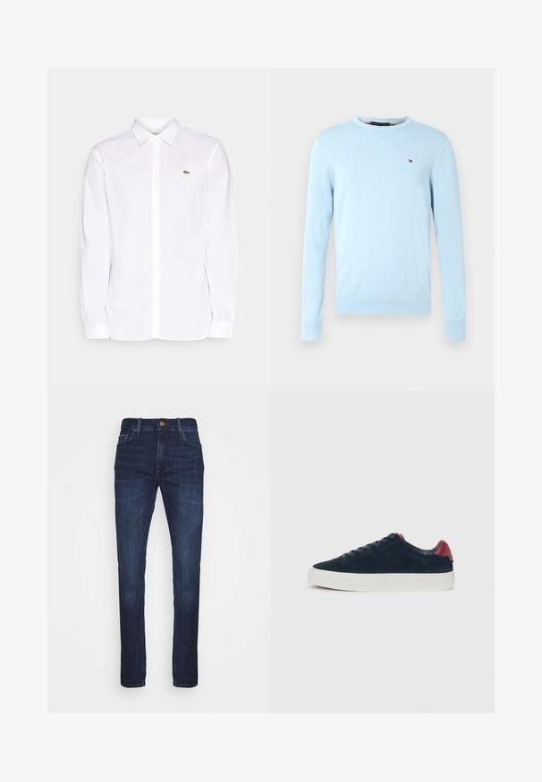 Lyseblå langærmet sweater med rund hals og ribbede manchetter og kant, der har et lille rødt, hvidt og marineblåt Tommy Hilfiger-logo på brystet.; Hvid langærmet skjorte lavet af bomuld, med krave der kan knappes ned, et grønt broderet logo på venstre bryst og lige manchetter.; Mørkeblå denimjeans med lige ben, der har en standard talje, forlommer og diskrete syninger.; Mørkeblå ruskinds sneaker med hvid gummisål, der har en rød hælakkent og flade snørebånd, glat tekstur og minimalistisk design.