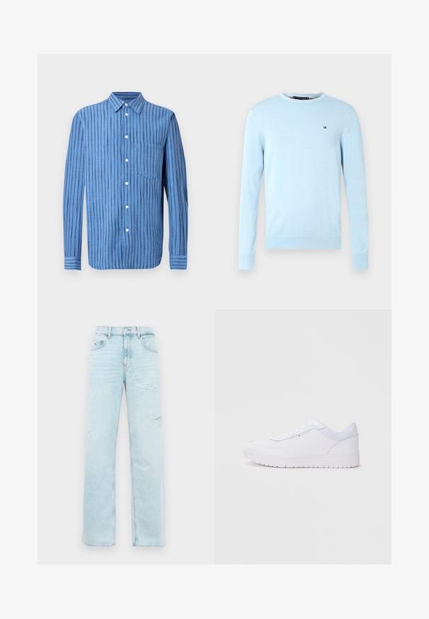 Lyseblå langærmet sweater med rund hals og ribbede manchetter og kant, der har et lille rødt, hvidt og marineblåt Tommy Hilfiger-logo på brystet.; Blå langærmet skjorte med knapper og lodrette sorte striber samt en brystlomme foran, vist på en hvid baggrund.; Lyseblå højtaljede straight jeans med let slid på lårene og et klassisk fem-lommer design.; Hvide sneakers med syntetisk overdel, rund tå, snørebåndslukning og struktureret gummisål. Har diskret branding på siden. Enkel design.