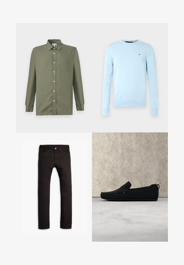 Suéter de cuello redondo de manga larga en azul claro con puños y dobladillo acanalados, que presenta un pequeño logo de Tommy Hilfiger en rojo, blanco y azul marino en el pecho.; Camisa de cuadros verdes de botones con cuello, mangas largas y un pequeño logo de Lacoste en el lado izquierdo del pecho. Hecha de un tejido ligero.; Pantalones vaqueros negros de corte slim con cinco bolsillos y cierre de botón, mostrados de forma plana sobre un fondo blanco.; Zapato mocasín de ante negro con detalles de costura y pequeña etiqueta con bandera, exhibido sobre una alfombra beige con muebles translúcidos color ámbar en el fondo.