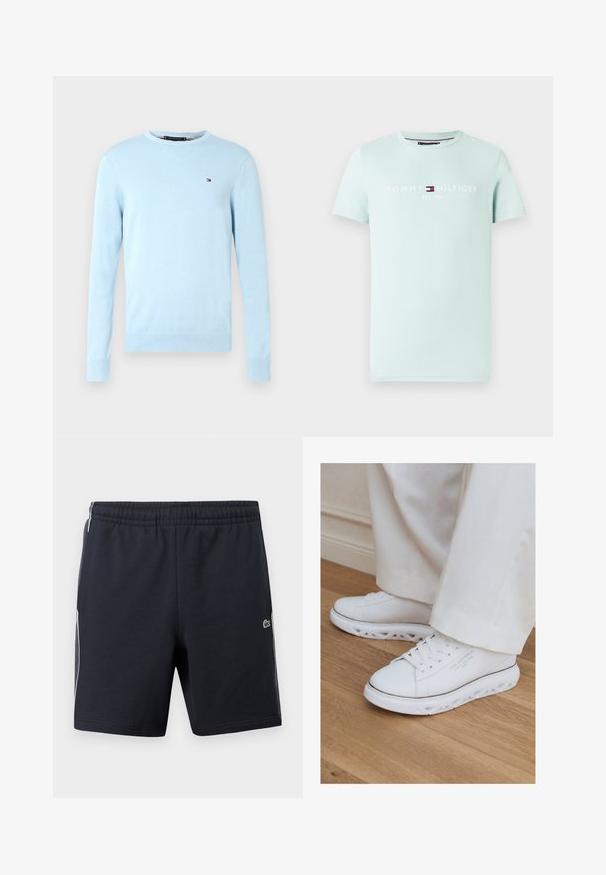 Svetlo modrý sveter s dlhým rukávom a okrúhlym výstrihom, s rebrovanými manžetami a spodným lemom, so malým logom Tommy Hilfiger v červenej, bielej a námorníckej modrej na hrudi.; Svetlomodré tričko s krátkym rukávom s logom "Tommy Hilfiger" a emblémom vlajky vytlačeným na bielo a červeno v strede vpredu.; Čierne športové šortky s elastickým pásom, bielymi prúžkami po stranách a malým zeleným logom krokodíla na pravej nohe.; Biele nízke tenisky s unikátnymi vyrezávanými podrážkami nosené so svetlými nohavicami na drevenej podlahe.