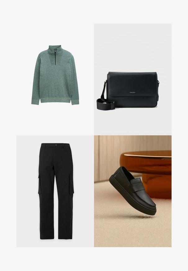 Pull-over en maille à manches longues avec un tissu vert texturé et une fermeture éclair quart de zip au col haut, présenté sur un fond uni.; Pantalon cargo noir à jambe droite avec fermeture par bouton et zip, passants pour ceinture et poches à rabat sur les deux cuisses.; Mocassin en cuir noir à enfiler avec une bride sur le dessus, positionné sur un tapis beige et une table ronde marron.; Sac messager en cuir noir à surface texturée, avec une bandoulière ajustable et un rabat avant affichant un logo discret. Forme compacte et rectangulaire.