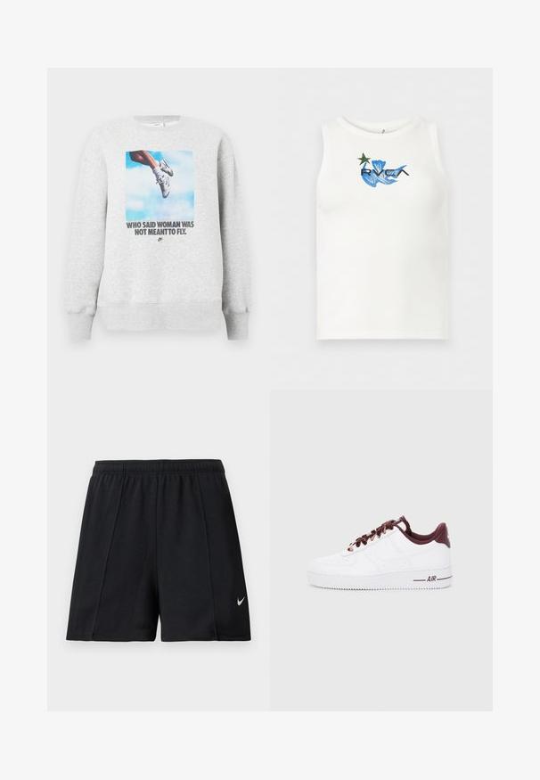 Lysegrå sweatshirt med et motiv af et ben i sportssko og teksten "WHO SAID WOMAN WAS NOT MEANT TO FLY". Rund hals.; Hvid ærmeløs tanktop med blå abstrakt grafik, grøn stjerne og sort "RVCA" logo centreret på brystet.; Sorte atletikshorts lavet af blødt, strækbart stof, med elastisk taljebånd og en lille grå Nike-logo på venstre ben nederst.; Hvide læder sneakers med mørkerøde accenter, der har runde snørebånd, en polstret krave og teksturerede gummisåler. "AIR" trykt på siden.