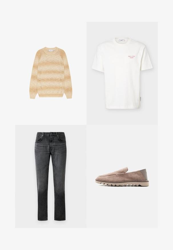 Pull dégradé beige et crème à manches longues, col rond, avec poignets et ourlet côtelés, posé à plat sur fond blanc.; T-shirt blanc à manches courtes et col rond avec un petit texte rouge "Marc O’Polo Denim" sur la partie supérieure gauche de la poitrine.; Jean en denim noir à coupe droite, design à cinq poches et décoloration subtile. Équipé d'une fermeture à bouton et de passants de ceinture. Texture lisse.; Mocassin en daim marron clair avec semelle en caoutchouc en zigzag et patch talon lisse, vue latérale sur fond blanc uni.