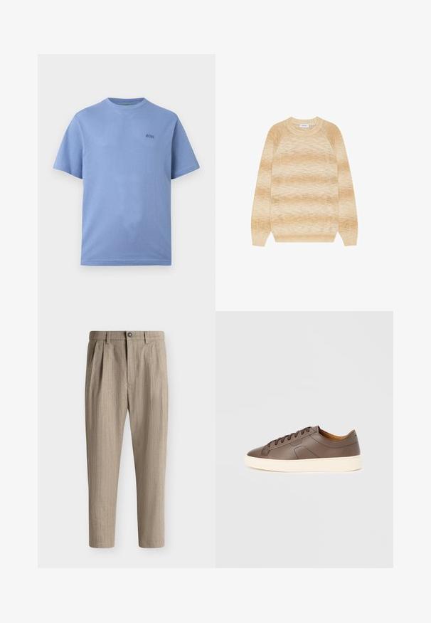 Pull dégradé beige et crème à manches longues, col rond, avec poignets et ourlet côtelés, posé à plat sur fond blanc.; T-shirt bleu clair à manches courtes avec un tissu subtilement texturé et un petit logo "BOSS" brodé sur la poitrine gauche.; Pantalon beige à fines rayures avec plis, passants de ceinture, fermeture bouton et jambes fuselées sur fond uni.; Baskets en cuir marron à texture lisse, semelle extérieure crème contrastante, bout arrondi et lacets marron foncé ; présente un logo discrètement embossé.