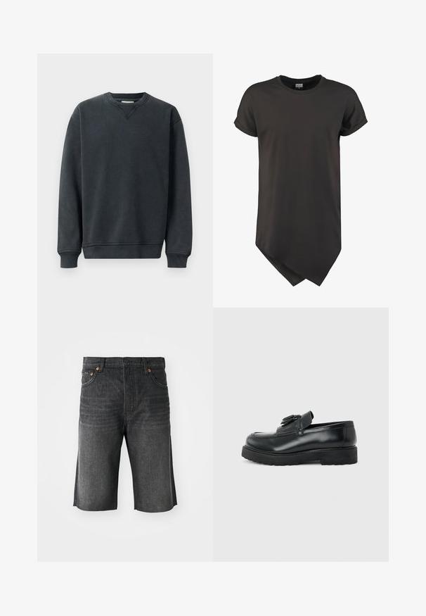 Sweatshirt gris foncé avec un col rond, des manches longues, des poignets côtelés et une texture lisse. Présente un détail en v discret au niveau du col.; T-shirt noir à manches courtes en tissu lisse, avec une famille arrondie et une coupe décontractée avec des manches retroussées.; Shorts en denim gris foncé avec une coupe droite, cinq poches et des coutures orange à l'avant. Finition de l'ourlet propre aux poches.; Mocassin en cuir noir avec pampilles, semelle épaisse en caoutchouc et talon bas, présenté de profil sur un fond uni.