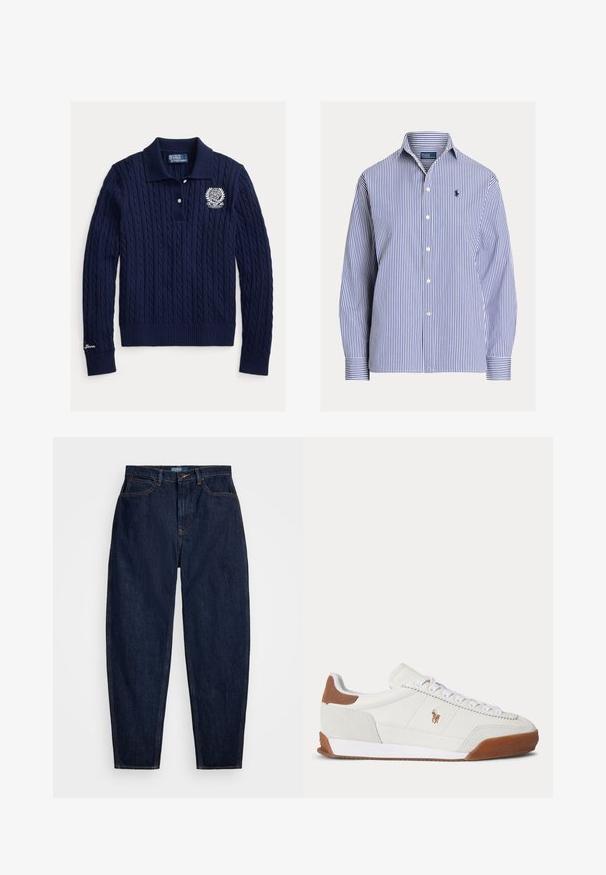 Laivastonsininen palmikkoneuleinen pitkähihaisen poolopaita, jossa on kaksi nappia, rinnassa kirjailtu vaakuna ja kauluksen sisäpuolella "Polo by Ralph Lauren" -etiketti.; Sinivalkoinen pystysuorilla raidoilla varustettu pitkähihainen nappikauluspaita, jossa kaulus ja pieni brodeerattu logo vasemmassa rinnassa.; Tummansiniset farkut suoran lahkeiden istuvuudella, joissa on oranssit ompelut, etupainonappi ja viisi taskua.; Valkoinen matalakärkinen lenkkari, jossa ruskeat mokkanahkaiset kantapää- ja varvasyksityiskohdat, valkoiset nauhat ja pieni ruskea kirjailtu logo sivussa.