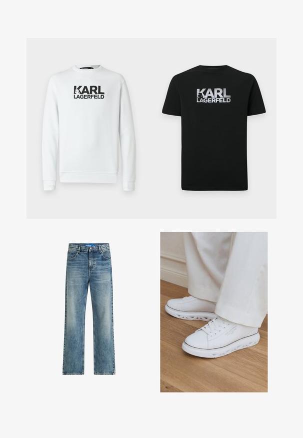 Sudadera blanca con mangas largas, puños y dobladillo acanalados. Presenta un gran logo impreso en negro "KARL LAGERFELD" en el frontal.; Camiseta de algodón negra con el logo plateado impreso "KARL LAGERFELD" y una silueta estilizada. Mangas cortas y cuello redondo.; Los vaqueros de denim de estilo wide-leg en azul claro presentan una cintura alta, un diseño clásico de cinco bolsillos y un ligero desgaste para aportar textura.; Zapatillas blancas bajas con suelas recortadas únicas, usadas con pantalones de color claro sobre un suelo de madera.